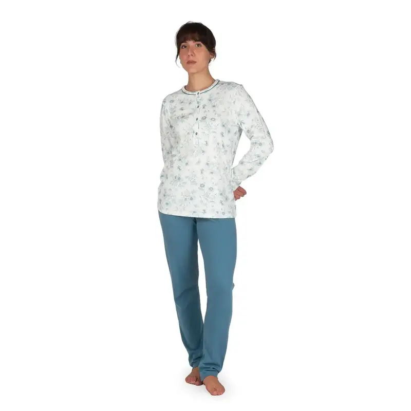 Pigiama donna a serafino a manica lunga in caldo cotone interlock in fantasia floreale