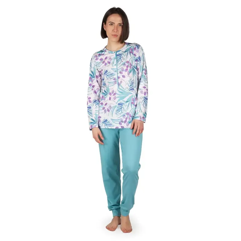 Pigiama donna a serafino a manica lunga in puro cotone leggero Tropical | Mariotti Lab