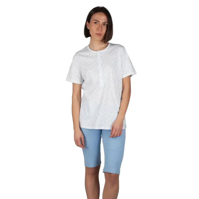 Pigiama donna a serafino a mezza manica con pantaloncino bermuda in puro cotone leggero Cuoricini