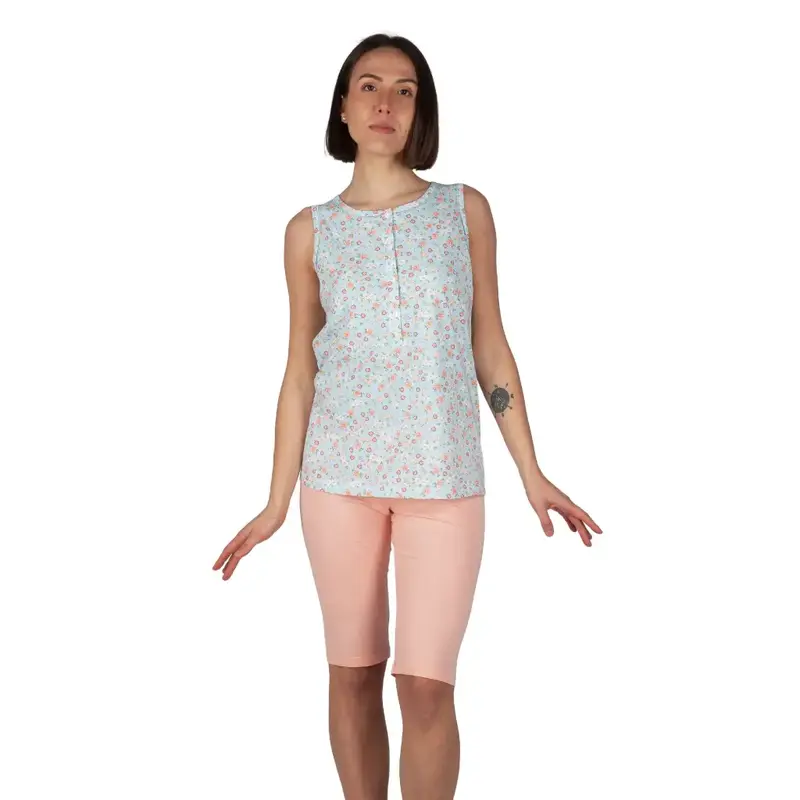 Pigiama donna a serafino a spalla larga e bermuda on puro cotone leggero Fiorellini
