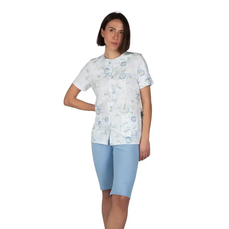 Pigiama donna aperto a mezza manica ocn bermuda in cotone leggeo Fiore