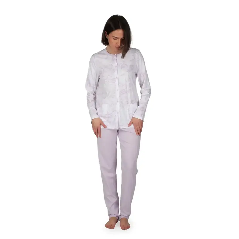 Pigiama donna aperto davanti a manica lunga in cotone leggero Rose