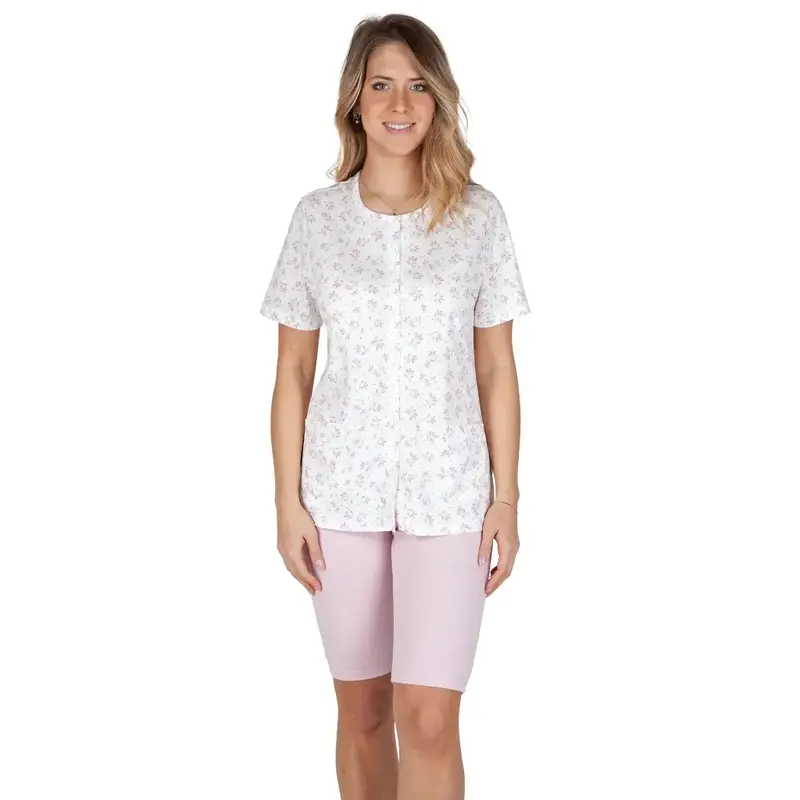 Pigiama donna aperto davanti a mezza mancia con bermuda in cotone leggero Fiorellini