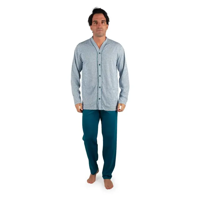Pigiama uomo aperto a manica lunga e pantalone lungo in puro cotone leggero | Mariotti Lab
