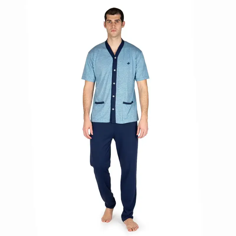 Pigiama uomo aperto a mezza manica con pantalone lungo in cotone leggero | Mariotti Lab