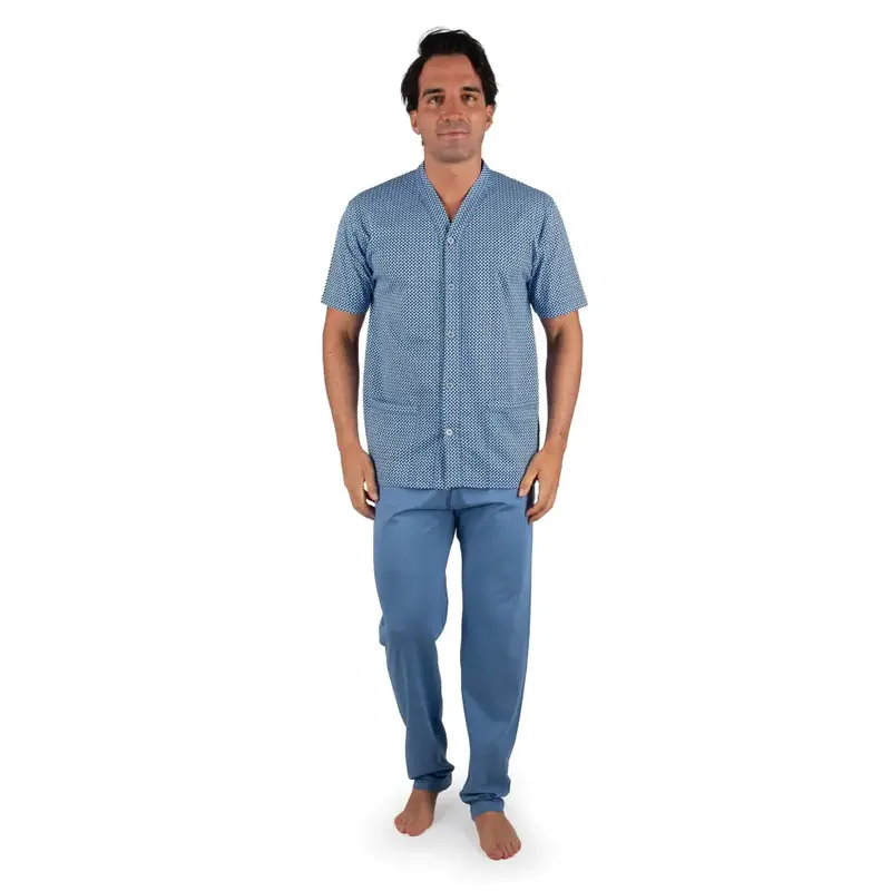 Pigiama uomo aperto davanti a mezza manica con pantalone lungo in cotone leggero | Mariotti Lab