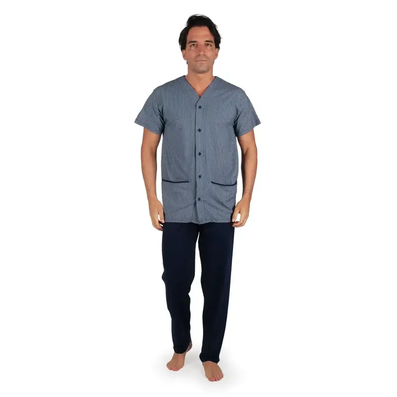 Pigiama uomo aperto davanti a mezza manica e pantalone lungo in cotone leggero | Mariotti Lab