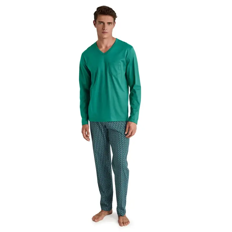 Pigiama uomo lungo con scollo a V Imprint in cotone leggero | Calida