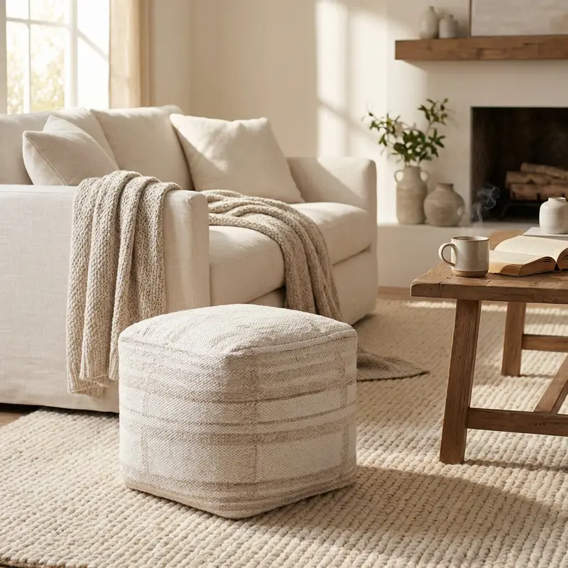Pina - pouf in lana e cotone bianco ecrù 40x40