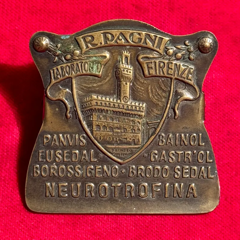 Pinza R. Pagni Firenze pubblicitaria farmaceutica ottone 1920 ca
