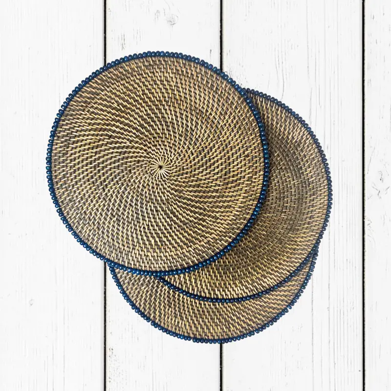 Placemat Tondo Rattan con Bordo Palline di Legno Ø38 cm – Naturale-Blu Navy / Naturale-Turchese