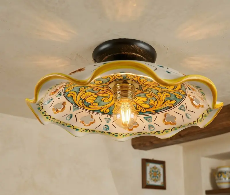Plafoniera Spot da Soffitto, 1 Luce, Ferro Battuto e Ceramica Siciliana, Cucina, Bagno e Veranda art. martina