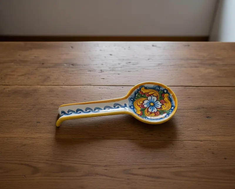 Poggiamestolo in ceramica decorata a mano da ceramisti siciliani fiore rosso art 25