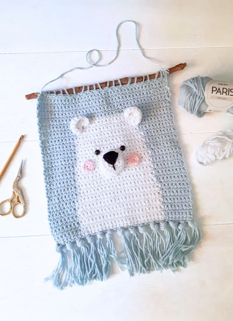 Polar bear nusery wall decor, crochet cotton wall hanging