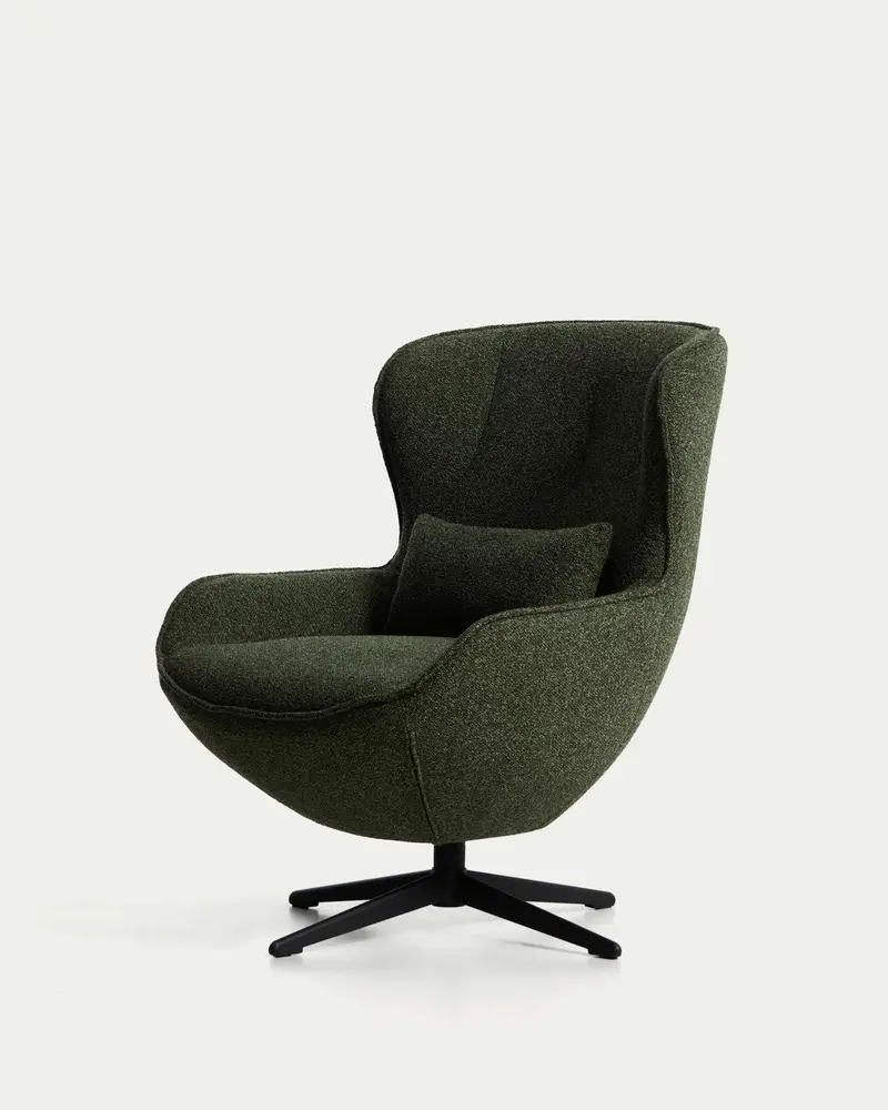 Poltrona girevole Sorile in ciniglia verde scuro e acciaio con finitura nera FSC 100%