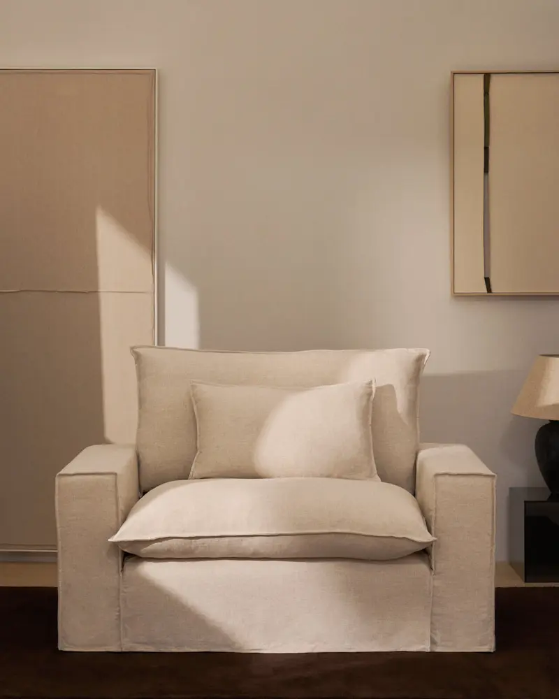 Poltrona sfoderabile Anarela in lino e viscosa beige 150 cm FSC Mix Credit
