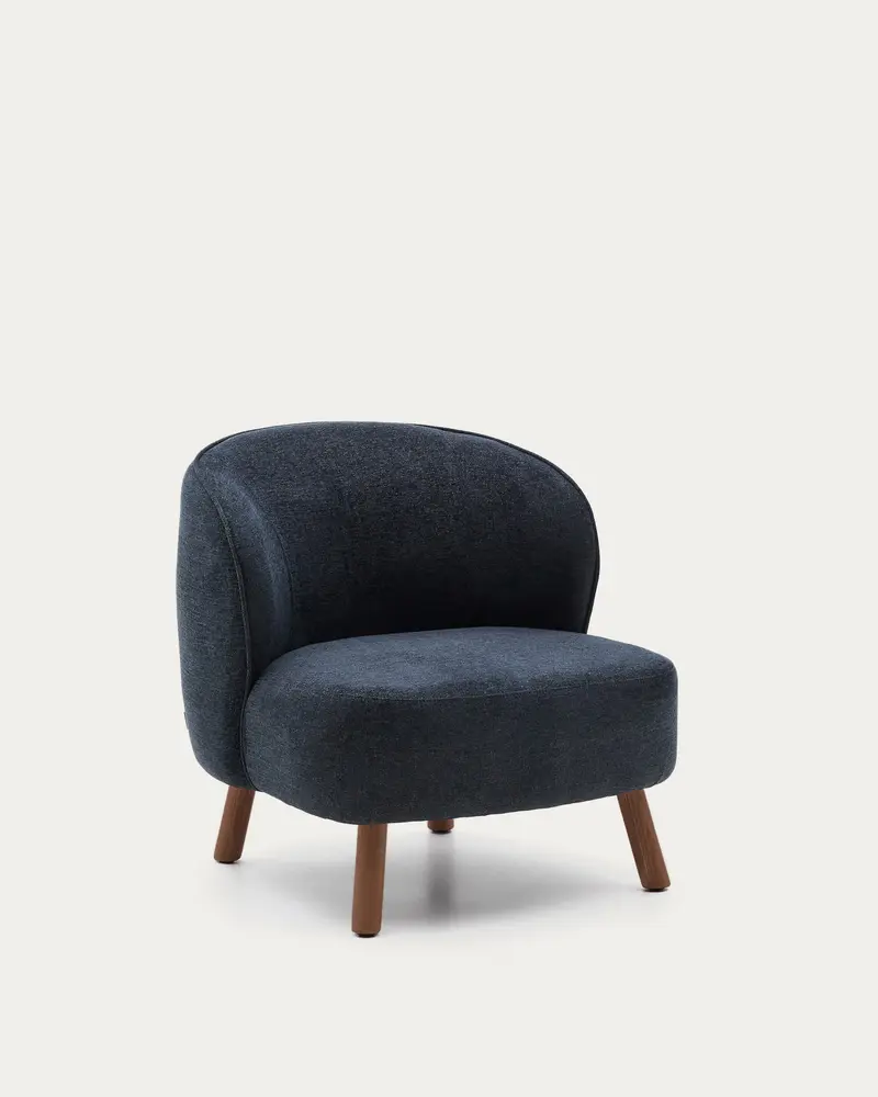 Poltrona Ulit in ciniglia blu-grigio e gambe in legno massiccio di frassino con finitura color noce