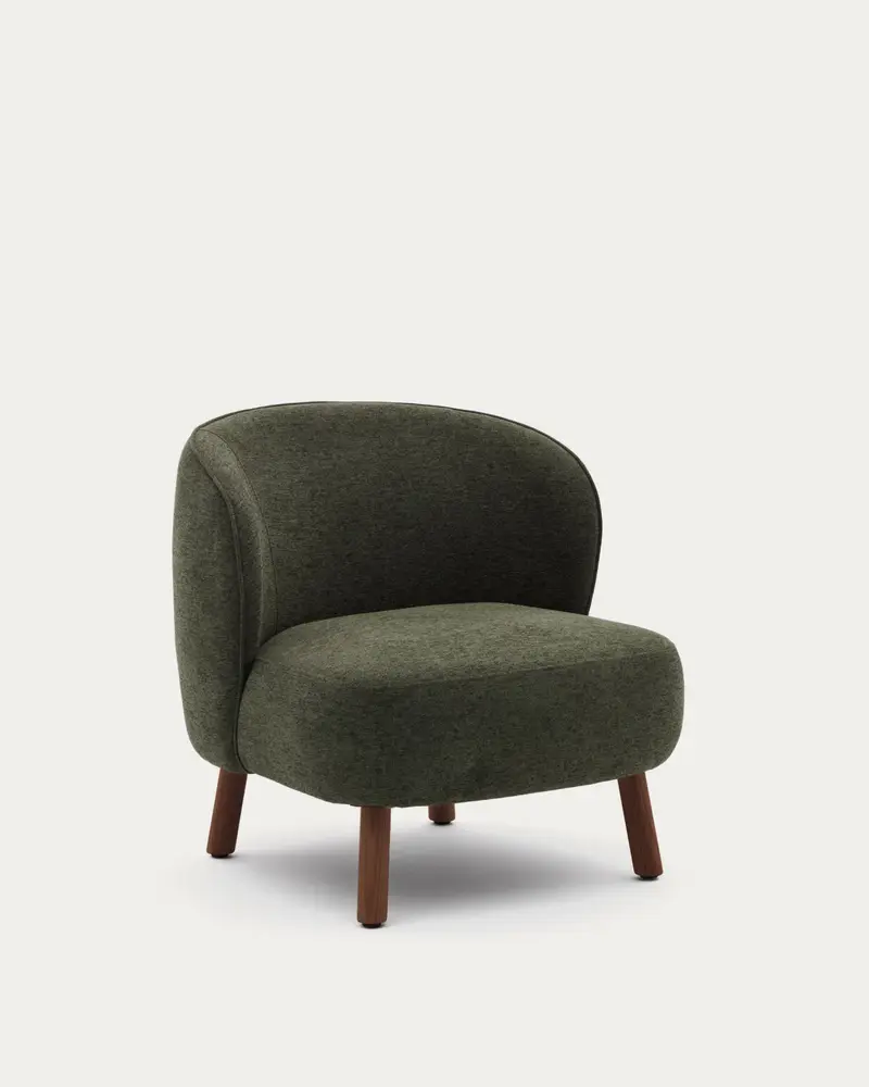 Poltrona Ulit in ciniglia verde e gambe in legno massiccio di frassino con finitura color noce