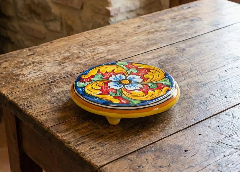 Porta caffettiera in ceramica decorata a mano da ceramisti siciliani fiore rosso art 20