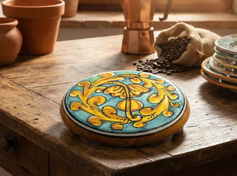 Porta caffettiera in ceramica decorata a mano da ceramisti siciliani gianluca art 20