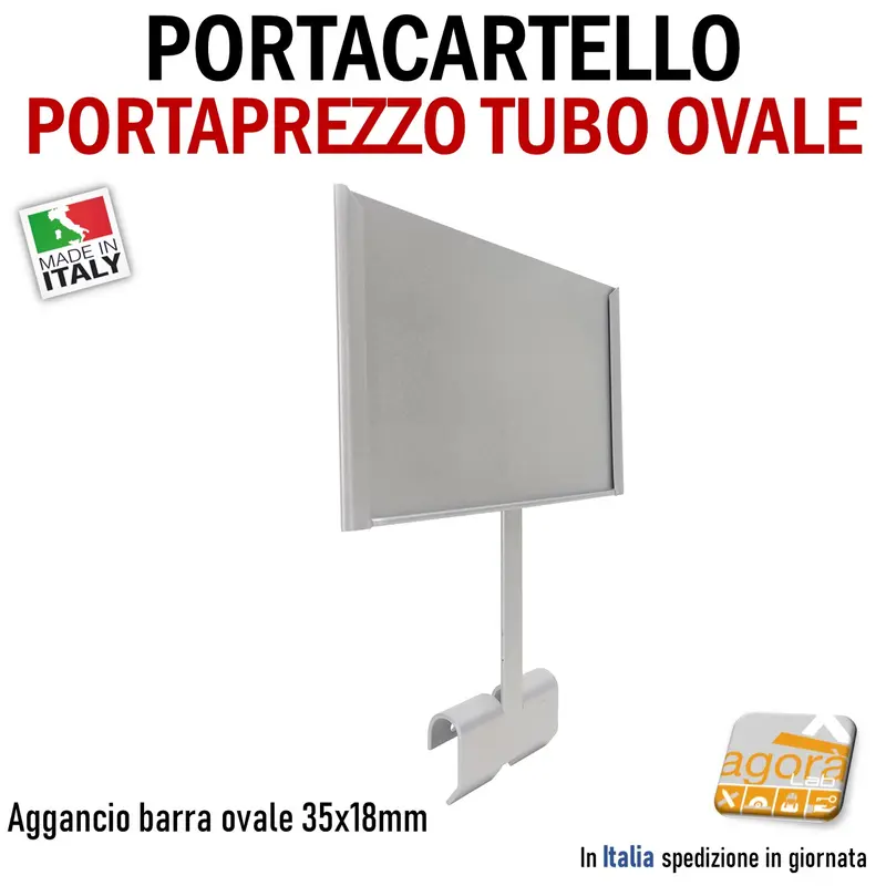 PORTA CARTELLO PORTAPREZZO ATTACCO BARRA OVALE 35x18 ARREDO PARETE NEGOZIO