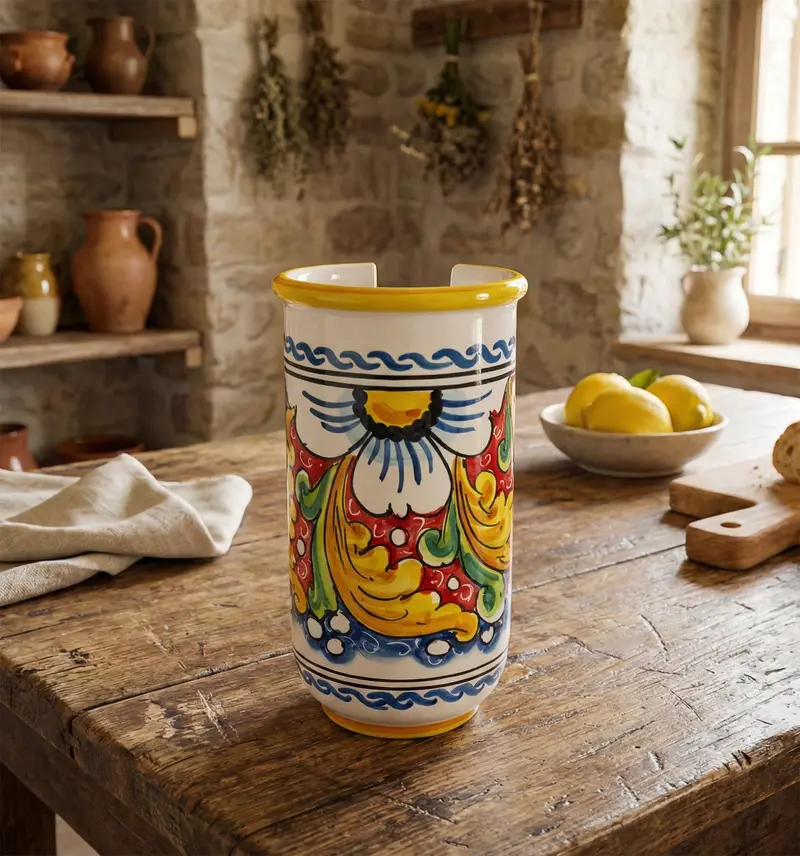 Portabicchieri grande in ceramica decorata a mano da ceramisti siciliani fiore rosso art 17