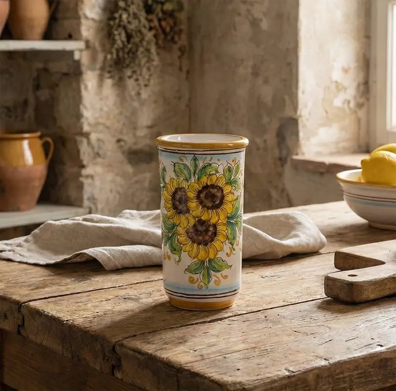 Portabicchieri grande in ceramica decorata a mano da ceramisti siciliani girasole art 17