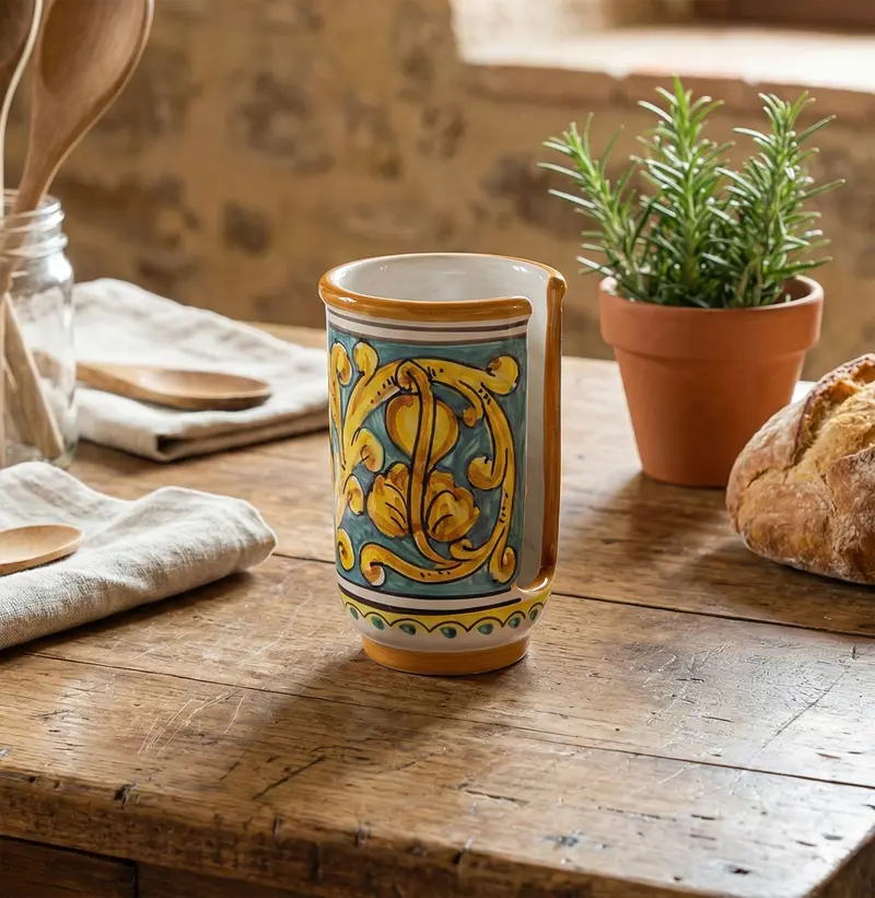Portabicchieri piccolo in ceramica decorata a mano da ceramisti siciliani gianluca art 18
