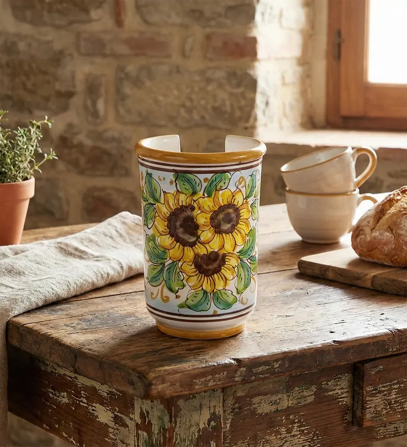 Portabicchieri piccolo in ceramica decorata a mano da ceramisti siciliani girasole art 18