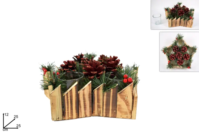 PORTACANDELE STELLA IN LEGNO C/PIGNE E BACCHE ART.JH-20210