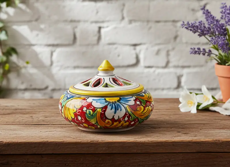 Portacaramelle piccolo in ceramica decorata a mano da ceramisti siciliani fiore rosso art 2