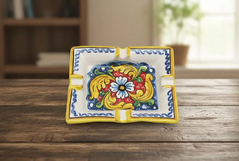 Portacenere in ceramica decorata a mano da ceramisti siciliani fiore rosso art 27