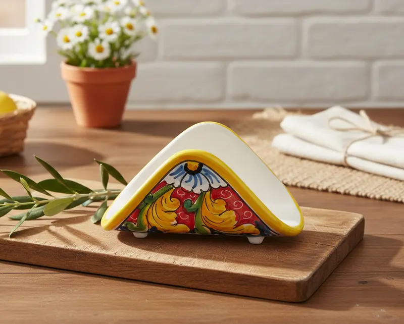 Portatovaglioli a fazzoletto in ceramica decorata a mano da ceramisti siciliani fiore rosso art 10