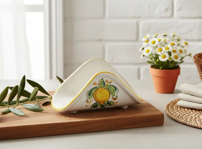 Portatovaglioli a fazzoletto in ceramica decorata a mano da ceramisti siciliani limoni art 10