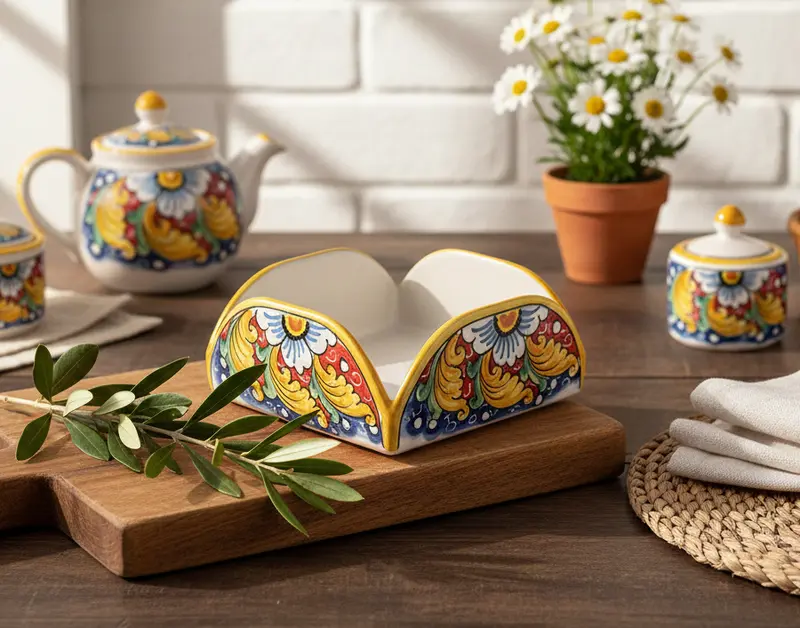 Portatovaglioli quadrato in ceramica decorata a mano da ceramisti siciliani fiore rosso art 9