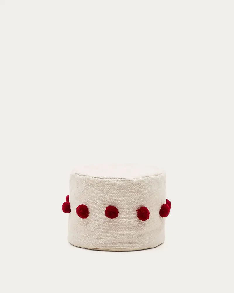 Pouf Manua di cotone beige con nappe rosse Ø 40 cm