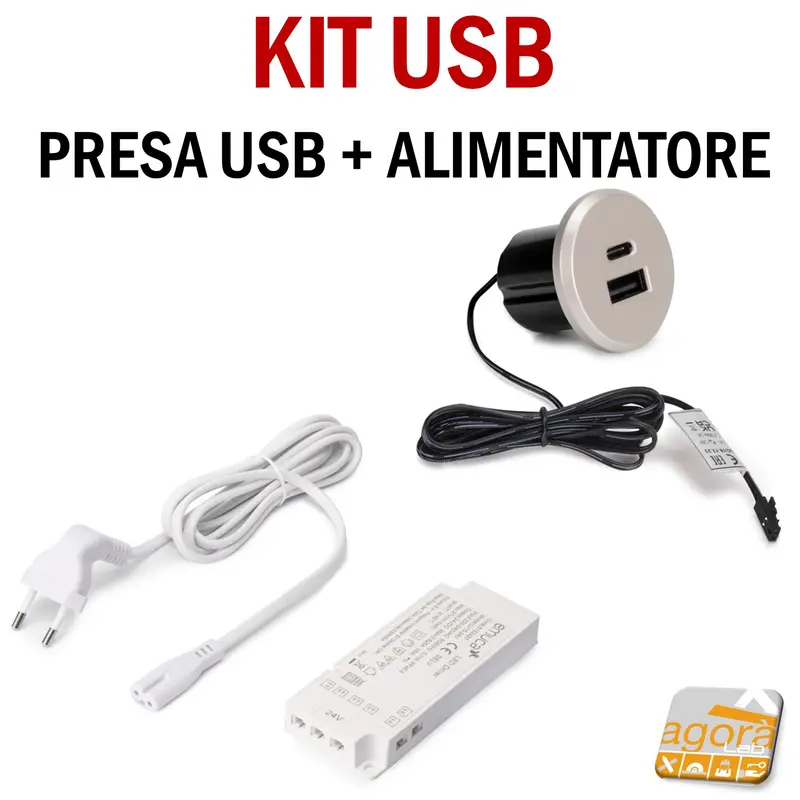 Presa USB Incasso Bipresa A+C per scrivania KIT con alimentatore 24V