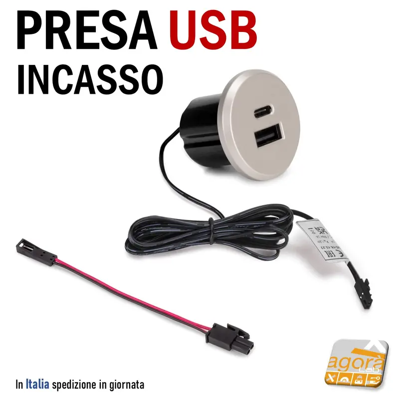 Presa USB incasso per mobili e scrivanie Type C - A Connettore Ricarica Tonda