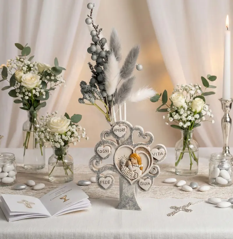 Profumatore albero della vita decorato con cuori e glitter argento per comunione bambina Harmony RSCM25044
