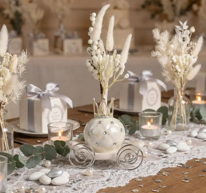 Profumatore carrozza perlata con strass corona e ruote argento bomboniera per matrimonio, cresima, comunione Harmony PRMT25214