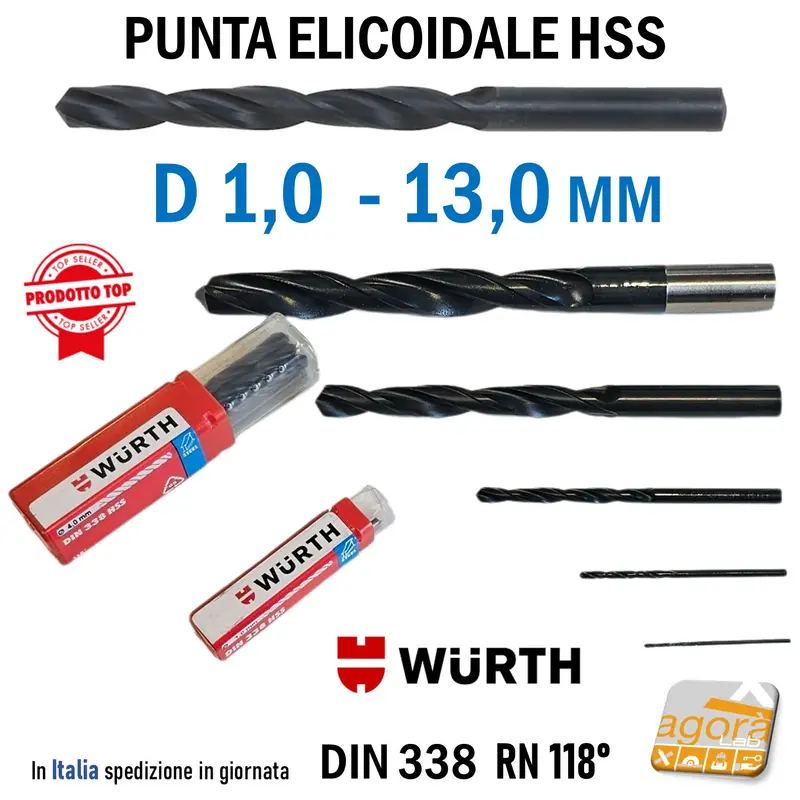 Punta elicoidale Wurth a forare per metallo HSS DIN338 MM 1,0-13,0