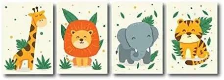 Quadri su tela, set da 4. Giraffa, leone, elefante, tigre. Animali della foresta per bambini.