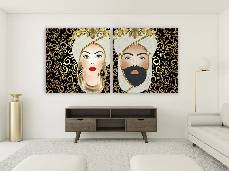 Quadri su tela, Testa di Moro Donna e Uomo. Decorazioni oro su sfondo nero o bianco. Fine Art made in Sicily