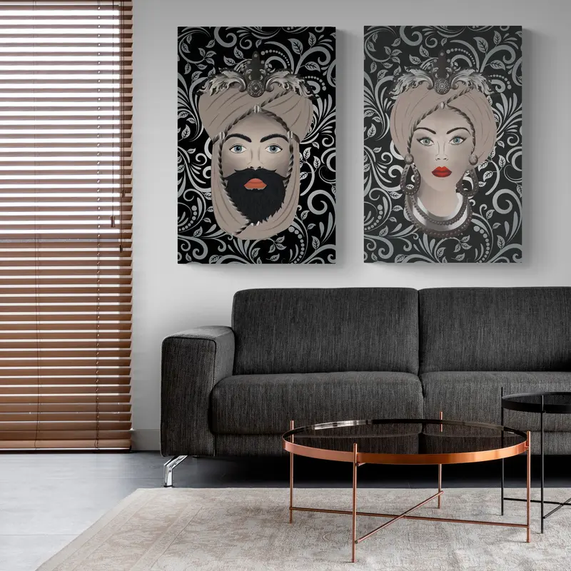 Quadri su tela, Testa di Moro Donna e Uomo. Dettagli argento. Fine Art made in Sicily