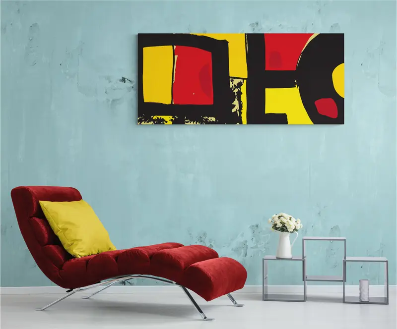 Quadro in stile geometrico moderno "Astratto giallo rosso" 135 x 60 cm. High quality classy design.