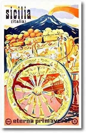 Quadro su tela, 30 x 47 cm. Sicilia Etna. Sicilian vintage poster.