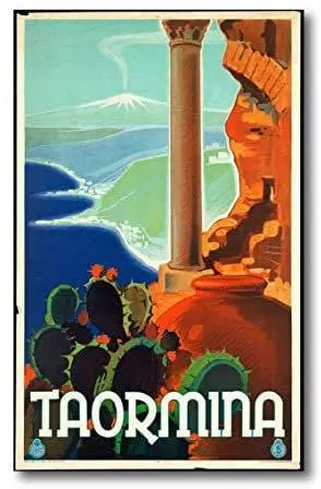 Quadro su tela 30 x 47 cm. Taormina sicilian vintage poster.