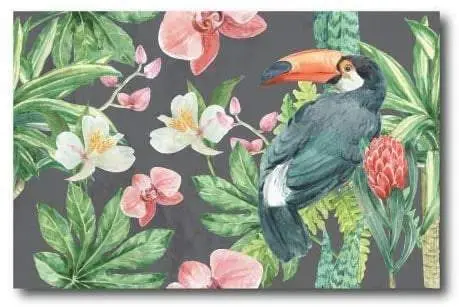 Quadro su tela, 70 x 45 cm. Fiori tropicali, tucano. Vintage style design.