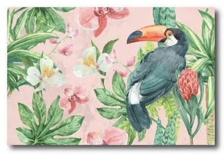Quadro su tela,70 x 45 cm. "Tucano Rosa" Fiori Tropicali. Vintage style design.