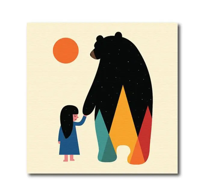 Quadro su tela "Bear & baby girl". Stile geometrico, colorful modern design.